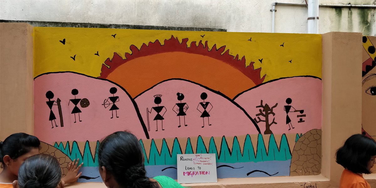 paravindkumar's tweet photo. Wall murals on migration by kids at AAIS #aaiswm #pypexhibition #akshar_arbol https://t.co/RR8Fo4Vf4I