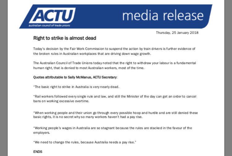unionsaustralia's tweet photo. The right to strike is almost dead
Wages are stagnant
It's time to #ChangeTheRules
#auspol #ausunions https://t.co/o03E9vrUfO