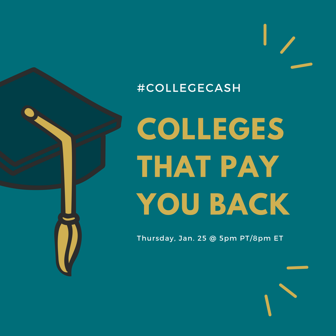 JodiOkun's tweet photo. Join me this week on #CollegeCash with @ThePrincetonRev as we talk about colleges that pay you back. 💰 Want to know what exactly that means? Tune in tomorrow at 5pm PT/8pm ET to find out! #CollegeBound #FindAid https://t.co/LssTVHUvrc