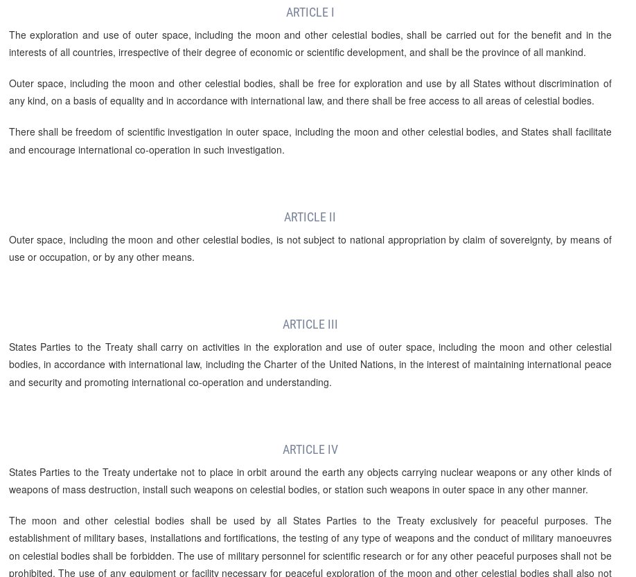 Rereading the Outer Space Treaty with @wsm1. It really might be the most staggeringly radical piece of int'l law ever: Basically the ENTIRETY of outer space "shall be used for peaceful purposes" and "the province of all mankind." unoosa.org/oosa/en/ourwor… 🚀