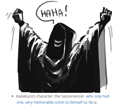 today I found out Sasso has an entry on TVTropes under "Funny Chaotic Sorcerer" -- It's small, but it's THERE. So proud of my boy. 