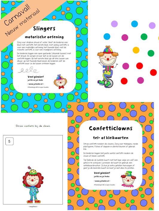 juf_anke's tweet photo. Nieuw materiaal voor Carnaval! Leg / klei confetti bij de clown of maak slingers en oefen de fijne motoriek. Deze nieuwe downloads vind je op de carnavalspagina onder het tabblad 'downloads'. https://t.co/gHe8QMWrd9 https://t.co/8YtfUz9b5j