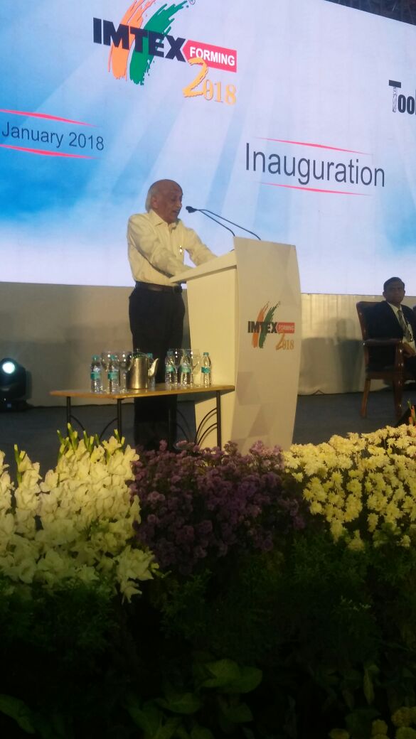 IMTEX's tweet photo. "As machine tool Industry grows it is up to the industry captains to invest more in R&amp;D and be the leaders and not followers." Guest of honour Mr. A S Kiran, Former Chairman - ISRO, addressing the gathering at the inaugural session of #IMTEX2018 https://t.co/mTG30QVYrm