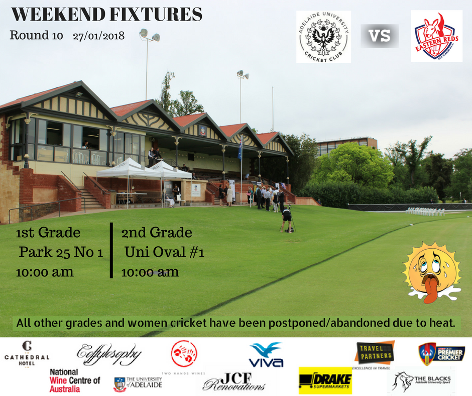 AdelUniCricket's tweet photo. With temperature forecast over 40 degrees this weekend, we have following conditions due to SACA heat policy: An earlier start time of 10AM for Men’s 1st &amp; 2nd grade. Men’s 3rd &amp; 4th grade to be cancelled, with Rd 10 to be played as a One Day match on Saturday February 3rd https://t.co/2IlvMmdFPY