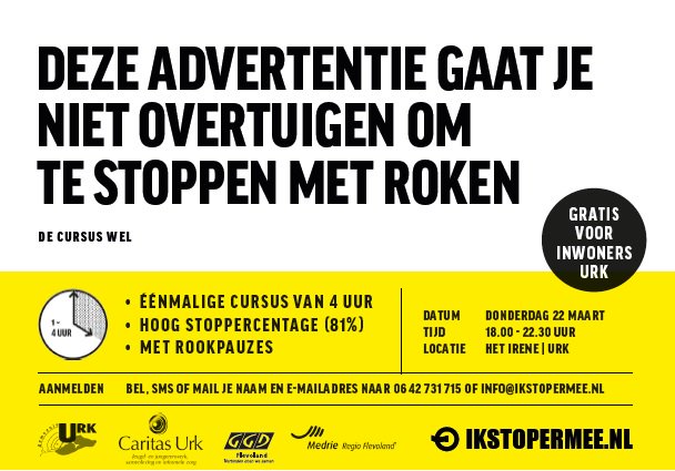 Gemeente_Urk's tweet photo. Na één cursus van 4 uur nooit meer zin in een sigaret! Daarom zijn alle rokers uit Urk van harte welkom bij de cursus van de Stichting Ik Stop Ermee. Deze cursus duurt slechts 4 uur en heeft een slagingspercentage van 81%! https://t.co/14NRHuE0xa https://t.co/HXoZzggZ8W