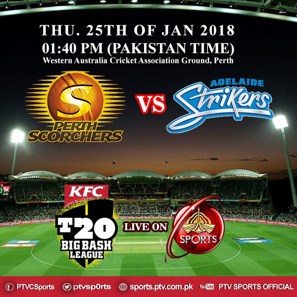 PTVSp0rts's tweet photo. The #BigBash goes live and exclusive on PTV-Sports! Watch the
Perth Scorchers take on Adelaide Strikers today at 1:40 pm in the #ThunderFromDownUnder
#bigbash2017 https://t.co/BbPeIpw47S