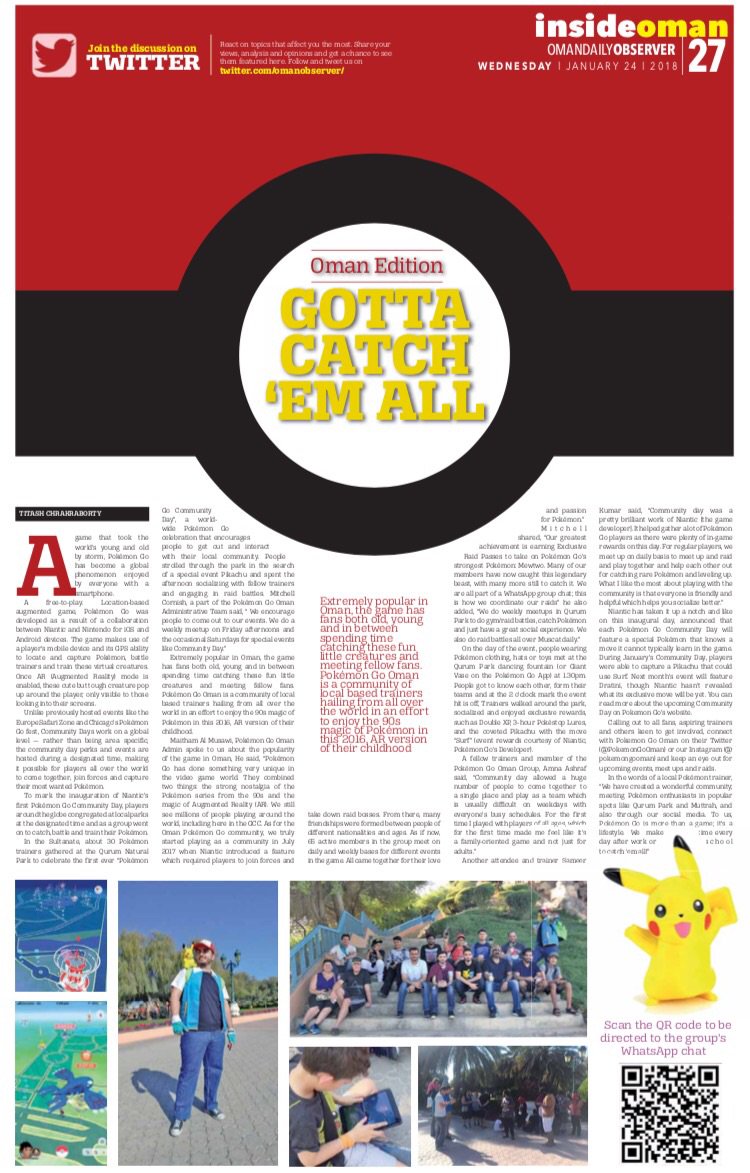 PokemonGoOman's tweet photo. Yaaay we made it to the local newspaper!
An article written about the Community Day event! Check it out on Oman Observer, thanks to @needstoshutup for the article!

https://t.co/wSVT6eHmpL https://t.co/OuxZyKoFvM