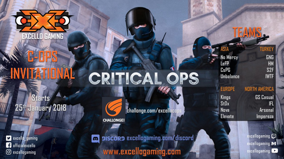 excello_gaming's tweet photo. 😃We are happy to announce our @CriticalOpsGame Tournament 🔫

THE C-OPS INVITATIONAL
16 Teams from 4 Regions Battle it out!!!

Join the action!!!
Brackets at: https://t.co/gwfKqPaSBY
Discord: https://t.co/o1lS7MRVjl

Website: https://t.co/Gi8aHuKcUT https://t.co/nBjwQM30ey