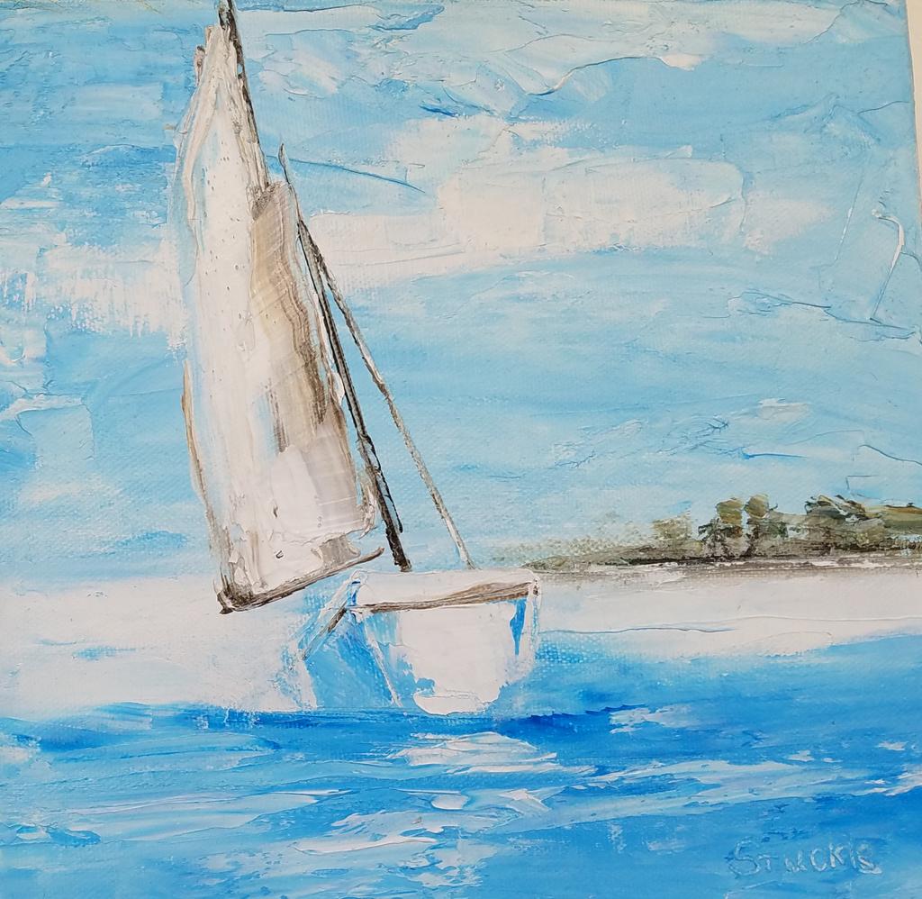 Gallery4Fargo's tweet photo. Time to think of #warmer days and #summer #blue #skies. "Sailboat" Oil on #canvas from local artist Doug #Stuckle. #sailboat #gallery4fargo #SUPPORTLOCALART https://t.co/mfkuTyHkej