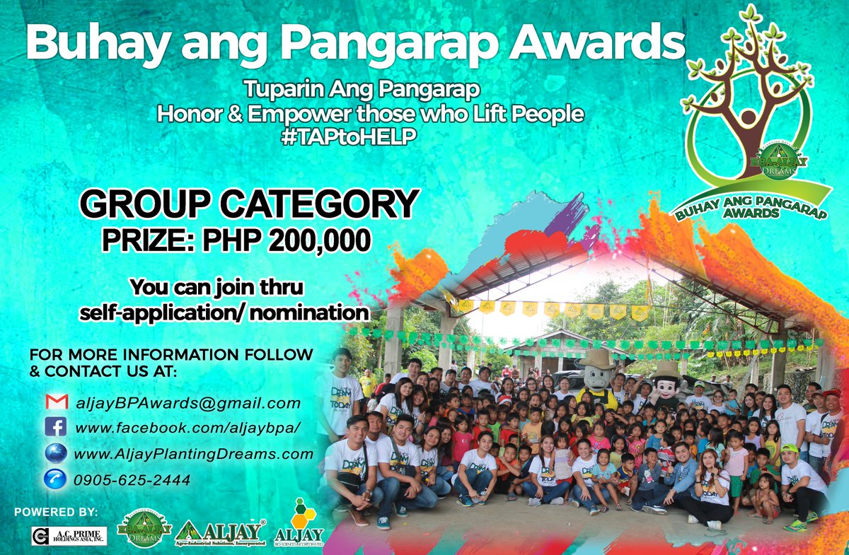 AljayBPAwards's tweet photo. Grupo-Kami na nagbibigay katuparan sa mga pangarap ng mamamayang Pilipino!
#TAPtoHELP #BuhayAngPangarapAwards
Tuparin ang Pangarap to
Honor and Empower those who Lift People
Para sa iba pang detalye i-like at share nyo lamang po ang aming facebook page:https://t.co/Y9aObYc22l https://t.co/vV6NeNOJd1