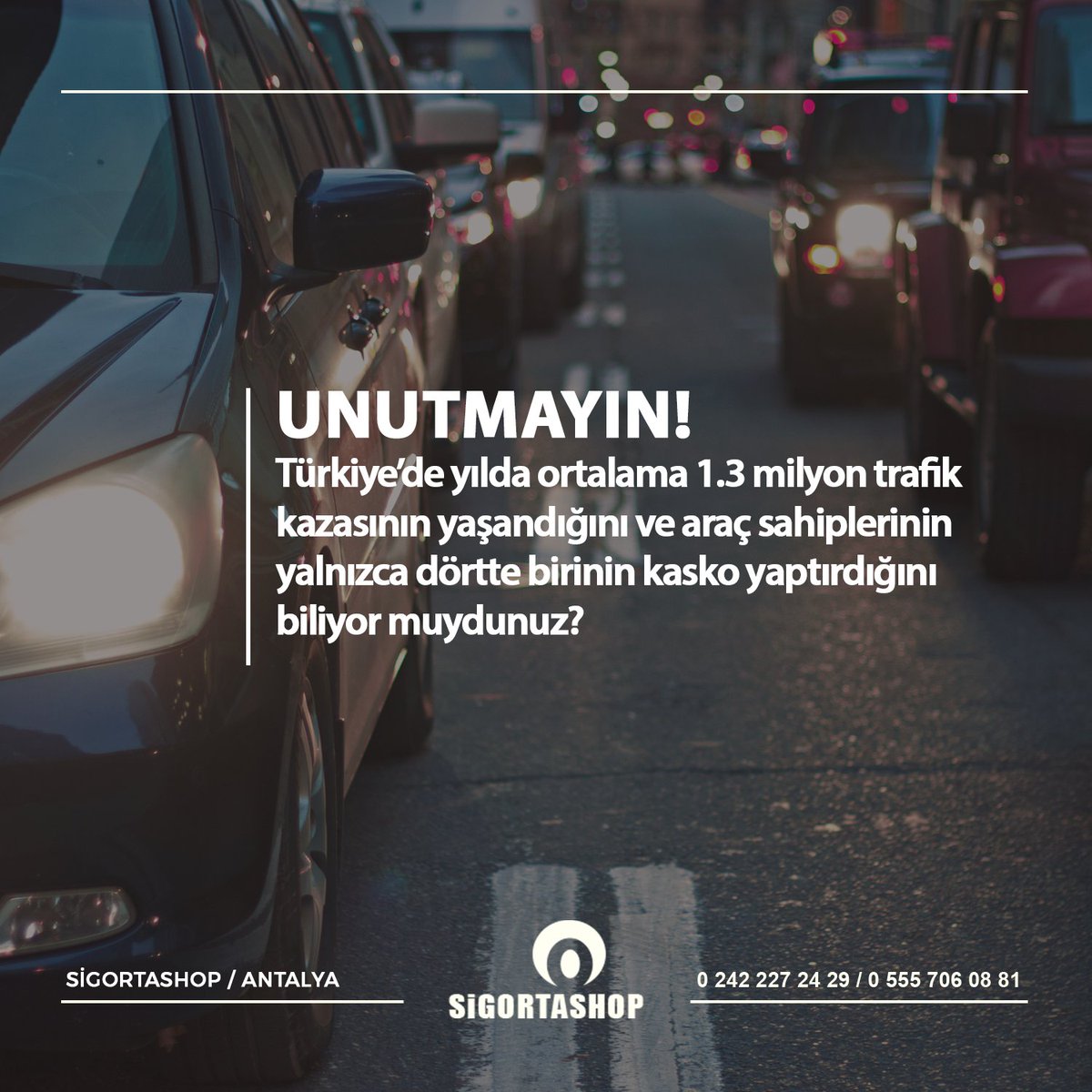 sigortashop07's tweet photo. Türkiye’de yılda ortalama 1.3 milyon trafik kazasının yaşandığını ve araç sahiplerinin yalnızca dörtte birinin kasko yaptırdığını biliyor muydunuz? #Sigorta #SigortaShop #Unutmayın https://t.co/ibcZsCZE77