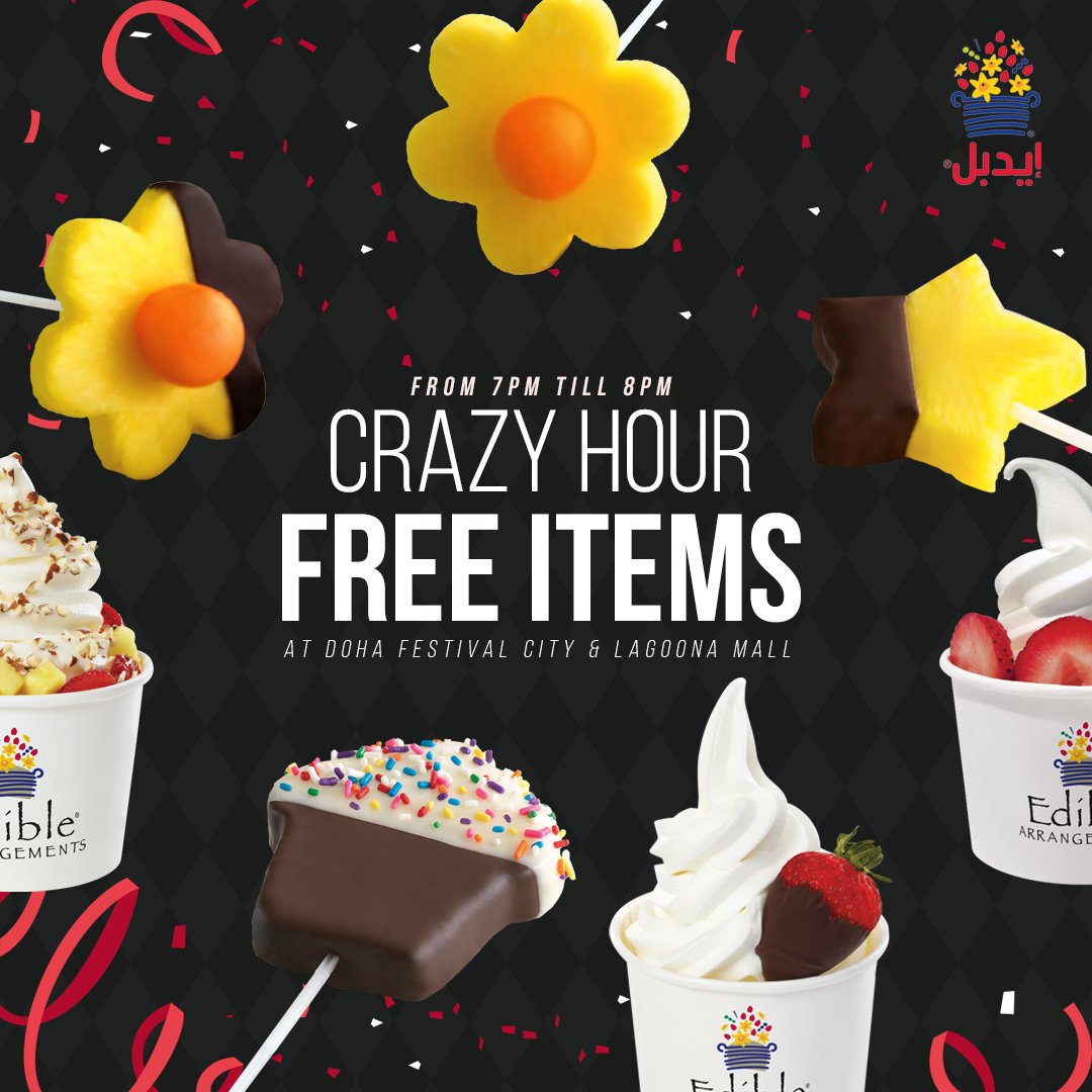 edible_qatar's tweet photo. Don't miss our free products Tomorrow Friday 26 Jan only at our Doha Festival City &amp; Lagoona Mall branches from 7 pm to 8 pm. Join us this CRAZY HOUR celebration :)) https://t.co/yPJR5SD1WN