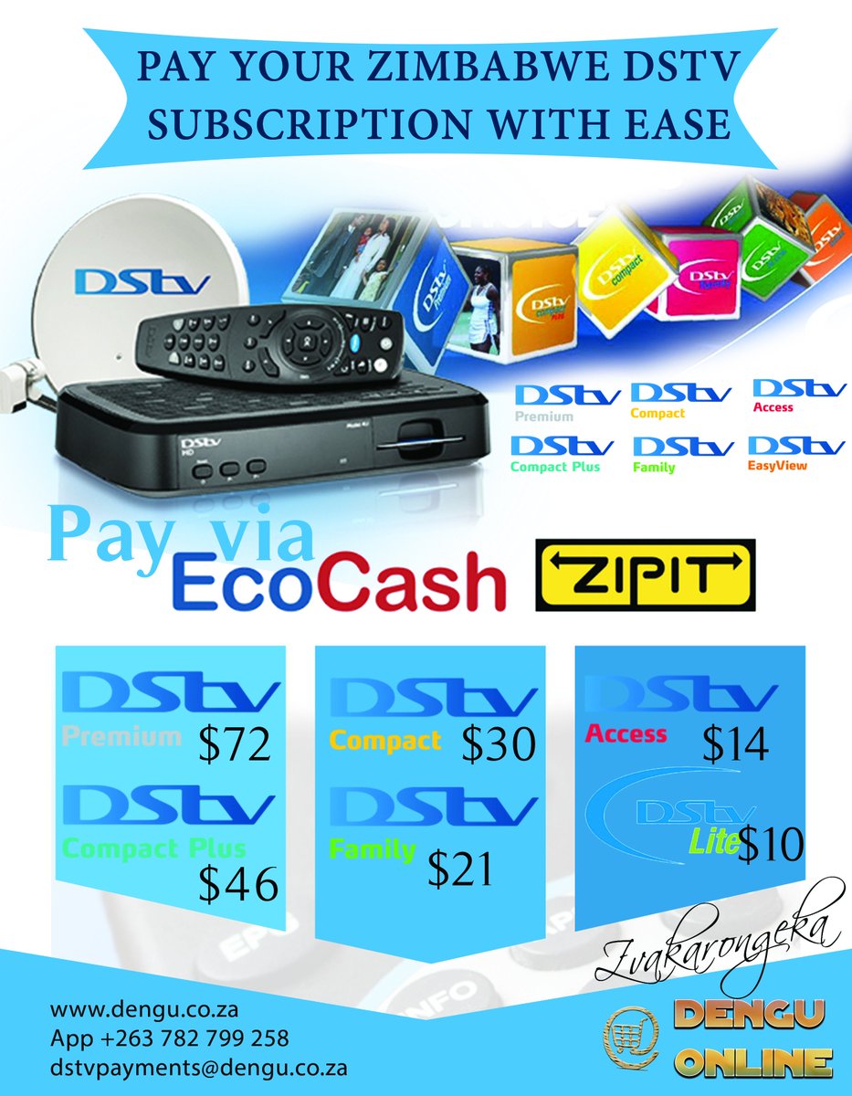 DenguAfrica's tweet photo. So from Fri 26 January we will be processing #Zimbabwe #Dstv subscriptions, We will accept payments via #ecocash and #zippit #transfers #263chat #twimbos @Techzim @263Chat https://t.co/V2T29jfh15