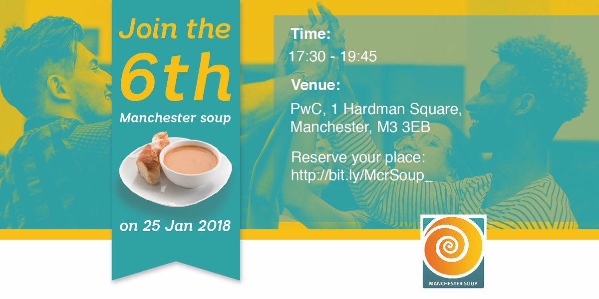McrSoup's tweet image. Good morning #Manchester. Just a reminder tonight’s soup is from 5.30pm. Pitches are from 6.00pm. Details are in the link bit.ly/2n0atAv Looking forward to seeing you all later.