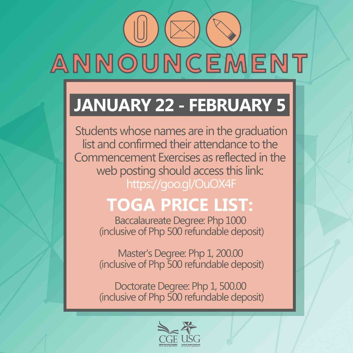 CGEdlsu's tweet photo. [CALLING ALL BAGCED GRADUATING STUDENTS]

Kindly be informed of the said dates and deadlines. Access more information about the other reminders at https://t.co/0psz1i6XcK. https://t.co/rKisuq05jr
