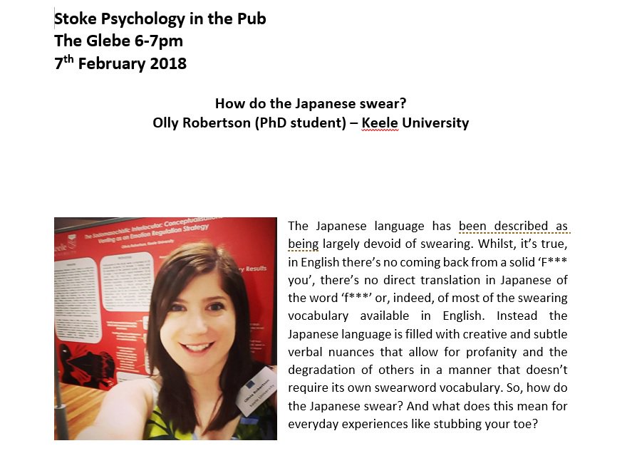 2018 <a href="/StokePitP/">Stoke PitP</a> begins on 7th Feb with <a href="/PsychOllygy/">Dr Olly Robertson</a> talking about how the Japanese swear. See you all there at 6pm. <a href="/StaffsPsych/">Staffs Uni Psychology</a> <a href="/KeelePsychology/">Keele Psychology</a>