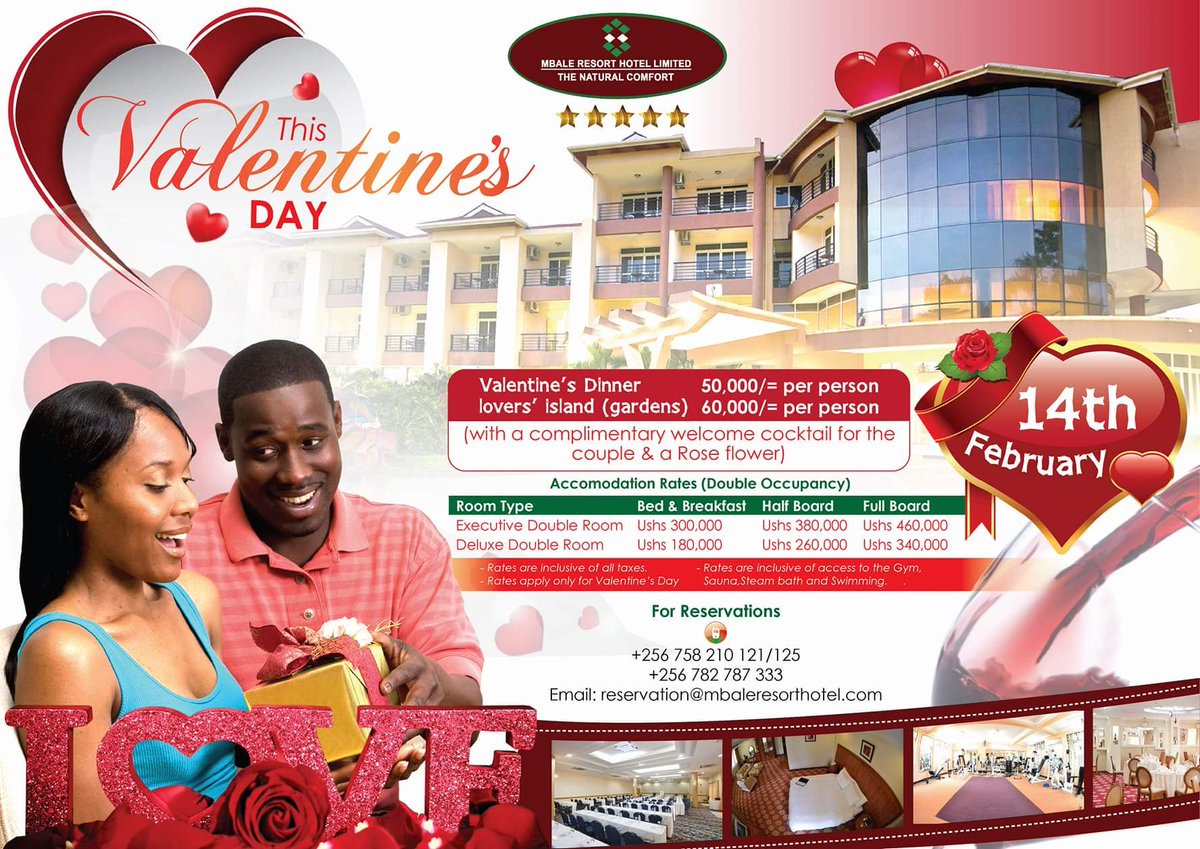 mbaleresort's tweet photo. From our discounted Hotel Room Rates, Valentine's Dinner in our  Restaurant at 50k per person OR a Dinner in our Lover's Island (Gardens)  at 60k per person, let us sing the beautiful song of love to you this  Valentines 💖
See Poster for more details 😍
 #5StarHotel 💘 https://t.co/sdqrVDPrML