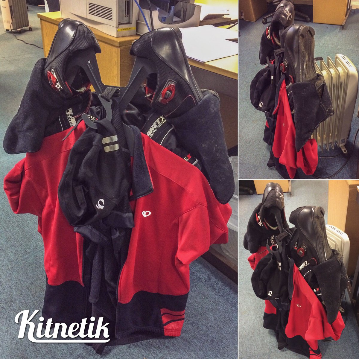 After a a torrential soaking on the commute into work, got my kit drying on a #Kitnetik on a tiny radiator in the office. kitnetik.com #tidy #cycling #cyclist #outsideiswet #wet #torrentialrain #cyclinglife #cyclingshots #commute #cyclecommute #office #ukmanufacturing