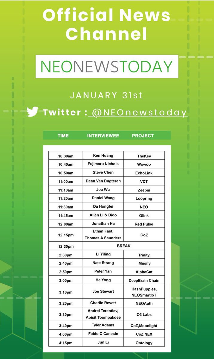 NEO_DevCon's tweet photo. We will have the two-day conference recorded and will release the videos online after DevCon. There will be official live streamed interviews on Jan 31st with over 20 speakers/projects from DevCon delivered by @NEOnewstoday. Check detailed schedule at https://t.co/UE2GSQpHj6. https://t.co/6VSYjgHbDE