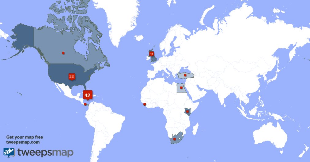 My followers are in Jamaica(40%), USA(22%) Get your free map tweepsmap.com/!DorbaRens