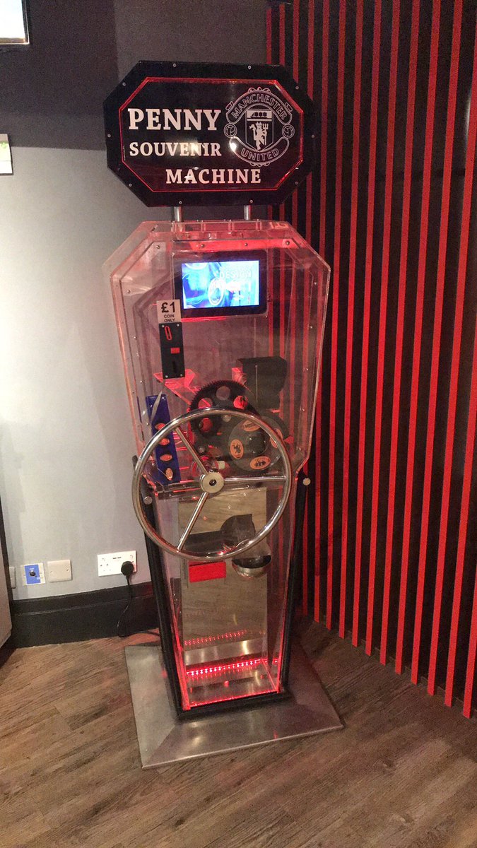 Ukpennies's tweet photo. The machine is back, with new designs, at Manchester United Red Cafe. It’s a #pennypressfactory GEM machine as a bonus the pennies in the hopper were new and the machine rolled really well. https://t.co/hwBkhxaL4n