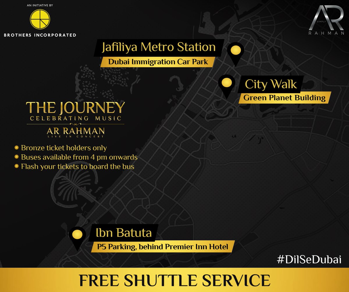 Bros_Incorp's tweet photo. Bronze ticket holders, your transportation to #TheJourney has been sorted. 
Supervisors would be wearing Dubai Parks and Resorts' jackets carrying "A.R. Rahman Concert" placards.
You need to show your tickets to get onto the shuttles 4 pm onwards.
#DilSeDubai @arrahman https://t.co/I0swCltwEr