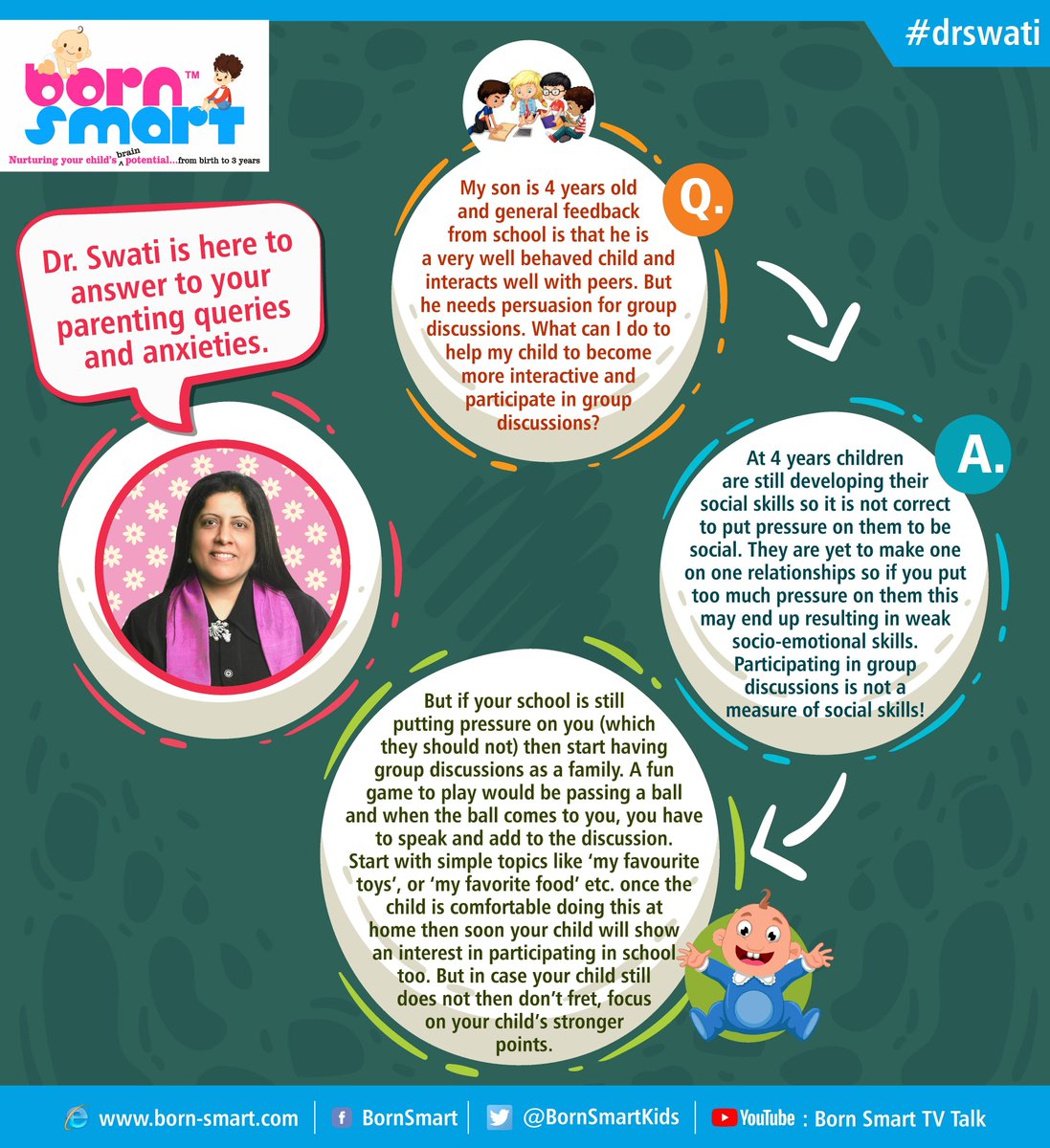 BornSmartKids's tweet photo. Dear Parents,
Dr. Swati is here to answer all your parenting questions. Send us your queries on twitter or on facebook and Dr. Swati will guide you!
#BornSmart #DrSwati #Parentingquestions https://t.co/fasnJyqkpo