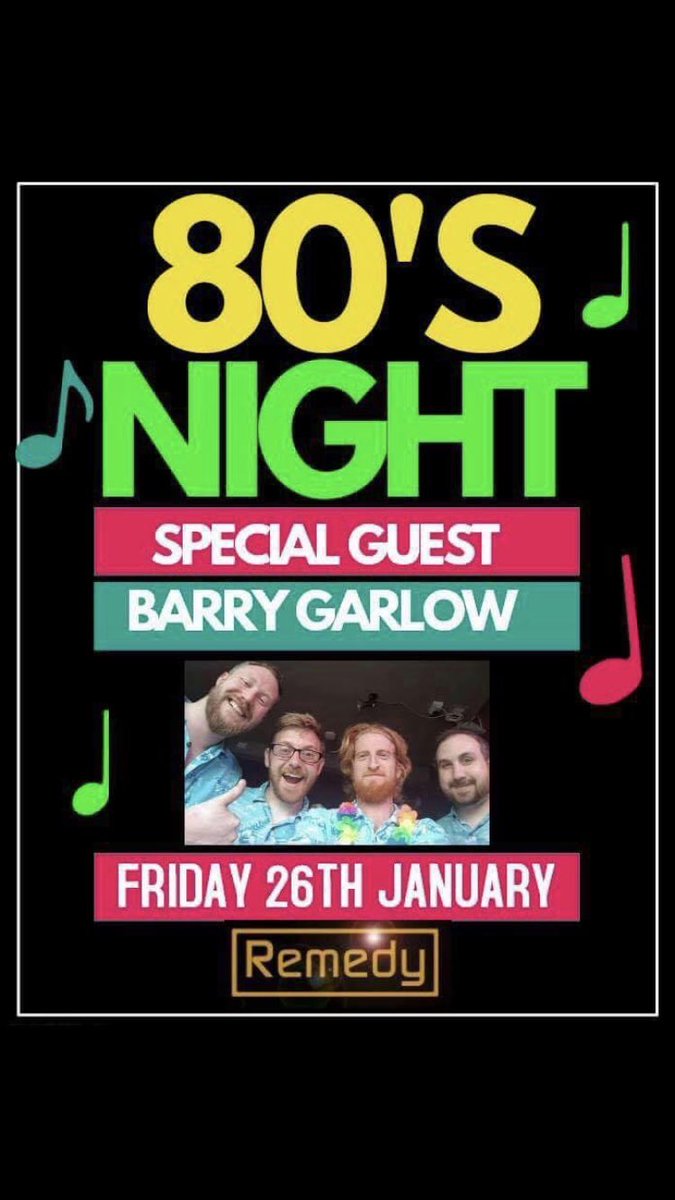 RemedyBar_'s tweet photo. THIS FRIDAY NIGHT 

We’re bringing back our 80’s night with special guest Barry Garlow

💃🏽🕺🏼 https://t.co/8zewlhqbSZ