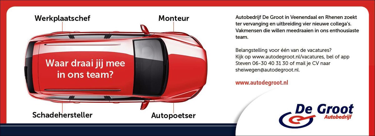 Autobedrijf de Groot in Veenendaal en Rhenen zoekt ter vervanging en uitbreiding vier nieuwe collega’s. Kijk op autodegroot.nl/vacatures