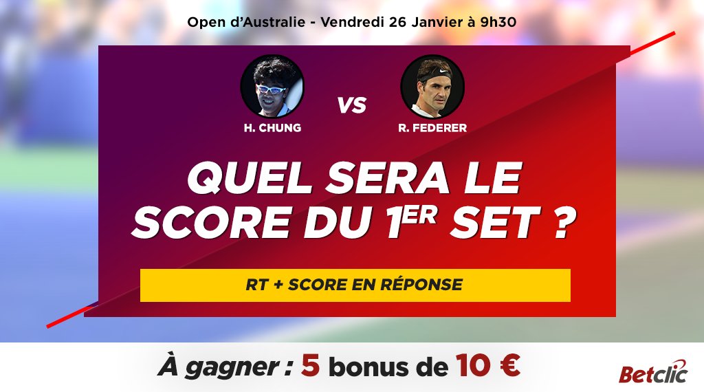 Betclic's tweet image. #AusOpen

🇰🇷 H. Chung vs R. Federer 🇨🇭

🎾 Quel sera le score du 1er set ?

🎁 5 x 10€ de bonus à gagner parmi les bonnes réponses !

➡️ RT + score en réponse pour participer

📺 Match à suivre demain à 9h30 en direct sur la Live TV