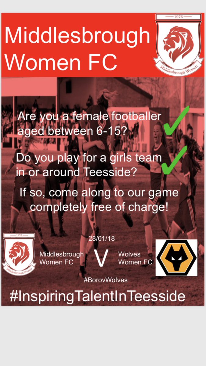 BoroWomen's tweet photo. Sunday we are playing Wolves at Thornaby FC 2pm KO £3 entry for Adults and £1 children. If you play for a girls team why not arrive for 1pm in your football kit for FREE entry and join in our pre match activities including poster comp, face painting, meeting players plus more https://t.co/AsianXltap