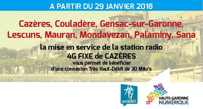 Mise en service le 29 janvier de la nouvelle station  Radio 4 G Fixe de CAZÈRES par <a href="/HGNUMERIQUE/">Haute-Garonne Numérique</a>. Vérifiez votre éligibilité et souscrivez une offre auprès des Fournisseurs d'Accès : alsatis.com - nordnet.com  - ozone.net  
<a href="/HauteGaronne/">Haute-Garonne</a>.