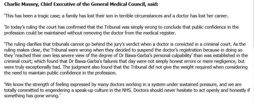 GMC statement. Essentially panels are bound by earlier criminal courts. But the issue here is that the original court didn't hear all the evidence re systemic failings. Whatever the rights and wrongs in this case, the wider impact could be serious #BawaGarba