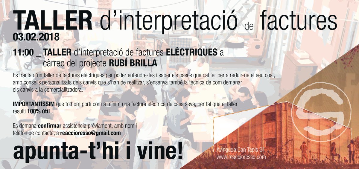 VOLS ESTALVIAR EN LA TEVA FACTURA ELÈCTRICA?
Vine el proper dia 3 de Febrer a les 11:00 h a RESSÒ SANT MUÇ a participar en el taller gratuït i obert a tothom que ofereix <a href="/RubiBrilla/">Rubí Brilla</a>
Apunta-t'hi i vine!