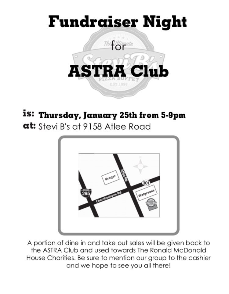 Tonight we are having another fundraiser at Stevie B’s! Come out tonight from 5-9 to support your Atlee ASTRA!!