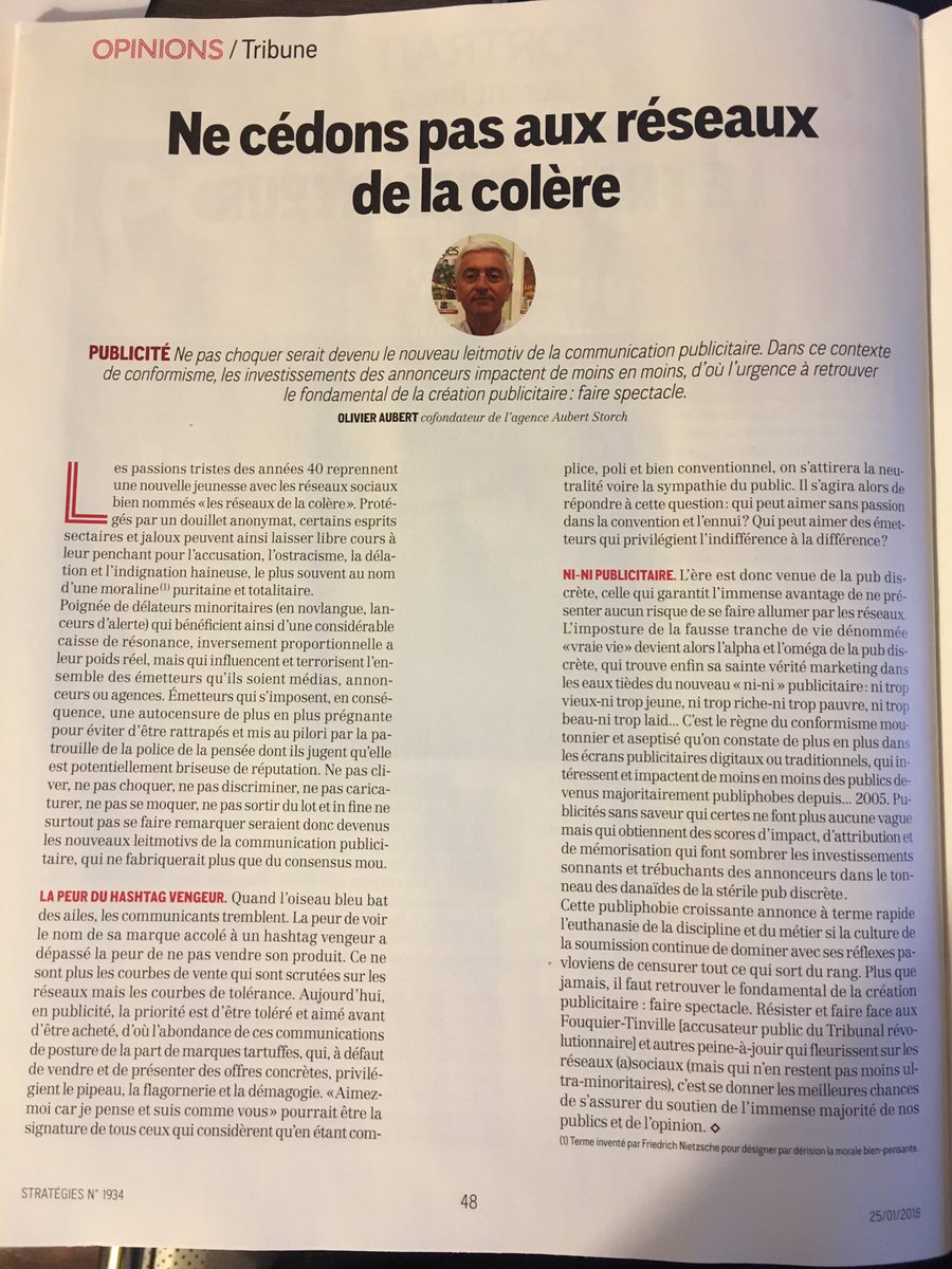 Aubert_Storch's tweet photo. "Ne pas choquer serait devenu le nouveau leitmotiv de la communication publicitaire. Dans ce contexte de conformisme, les investissements des annonceurs impactent de moins en moins, d'où l'urgence à retrouver le fondamental de la création publicitaire : faire spectacle." #obsepub https://t.co/xDd3CyWQ7Q