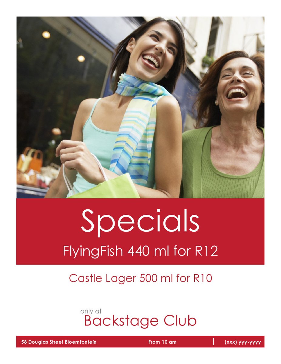 come through to <a href="/club_backstage/">Backstage Club</a> @_Bloemfontein for your Bottles and Divas specials today! Free flow of Champagne and cocktails for ladies from 9pm to 12am!