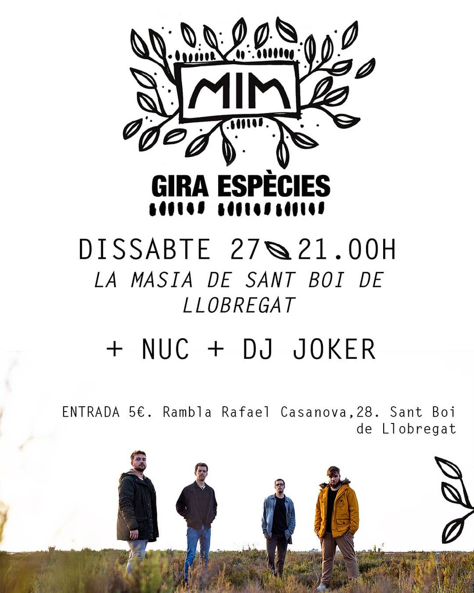 Aquest dissabte estarem amb <a href="/Nucoficial/">NUC</a> i @therealdjjoker a la <a href="/MasiaSantBoi/">La Masia de Sant Boi</a>. 

📆 27 de gener
📌 <a href="/MasiaSantBoi/">La Masia de Sant Boi</a>, Sant Boi de Llobregat
🕘 21:00

Entrada: 5€

Ens acompanyeu? 🔝🔜
#músicaencatalà #músicaenvalencià #mim  #espècies #músicaendirecte #músicaenviu  #giraespècies
