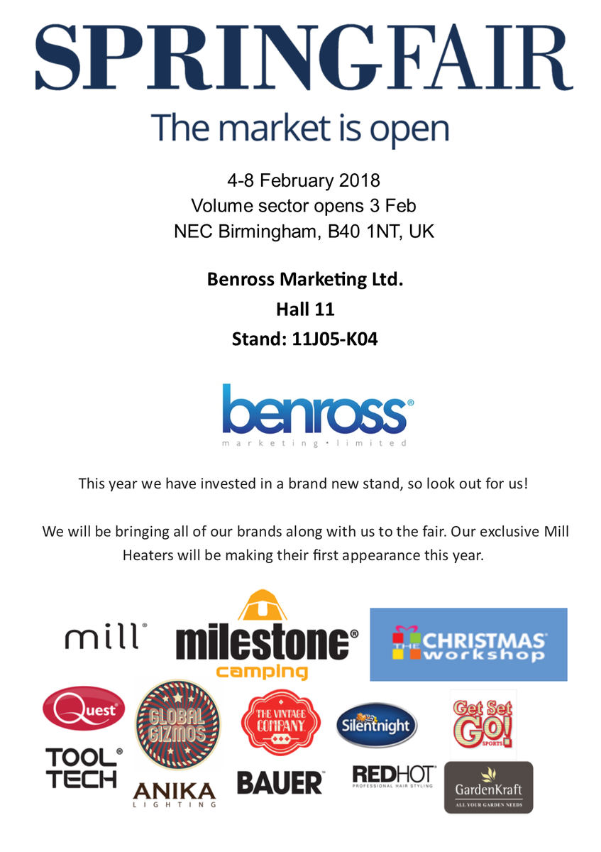 BenrossGroup's tweet photo. Spring Fair 2018! Look out for us at this years #SpringFair . We have invested in a new stand !! and our Mill heaters will be there for the first time. See you there!! #Benross #millheat #milestone #quest https://t.co/fjLCiW6xL8