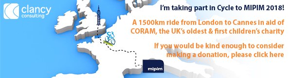 ClancyConsult's tweet photo. Our @HeadleyMartyn is taking part in an epic 1500kM ride from #London to #Cannes, in the Cycle to MIPIM team! The ride is raising money for @Coram, the UK’s oldest children's charity. If you'd be kind enough to make a donation please click here https://t.co/QNnXHRXrEg #MIPIM2018 https://t.co/4DgzUEQhu9