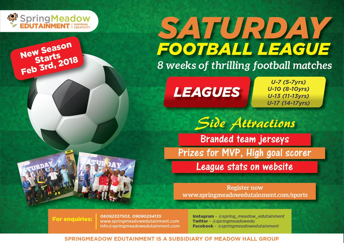 springmeadowedu's tweet photo. Do you have a child who is interested in football? Our Saturday Football League starts on Saturday, 3rd February 2018.
For more information and enrolment, please call Gbenga on 08072738668.
#MeadowHall #SpringMeadowEdutainment #SaturdayLeague #Football #Boys #Girls https://t.co/Y9Tiru8AVZ
