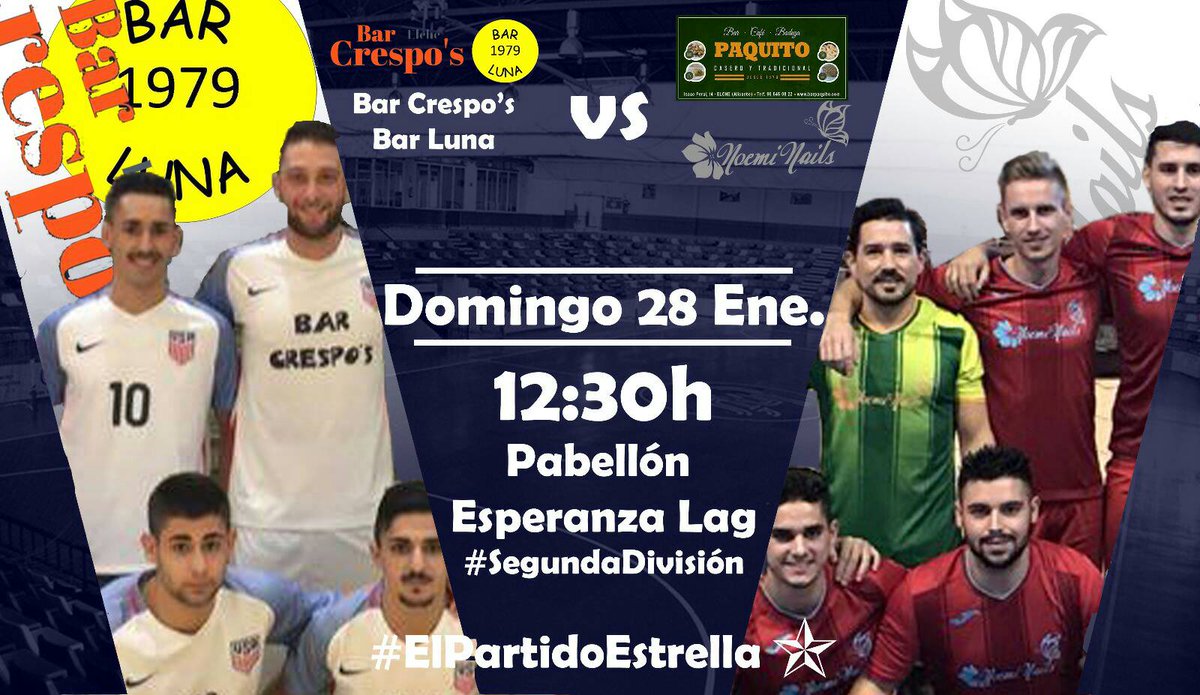 _SoloQuedaVOX's tweet photo. ¡Recordamos los #PartidosEstrella ⭐️!
[#LaLigaDeLos6000]
📅 Sáb.
⏰ 11:30h
🏟️ Pab. Esperanza Lag
Indracel "A" 🆚 @ViasportTeam 

[#2da]
📅Dom.
⏰12:30h 
🏟️Pab. Esperanza Lag
@barcrespolunaAP 🆚 @noeminailsfs 

[#3ra]
📅Sáb.
⏰12:30h
🏟️Pol. Toscar
@_polapark 🆚 @CaumedFS https://t.co/1HVVjP4F8P