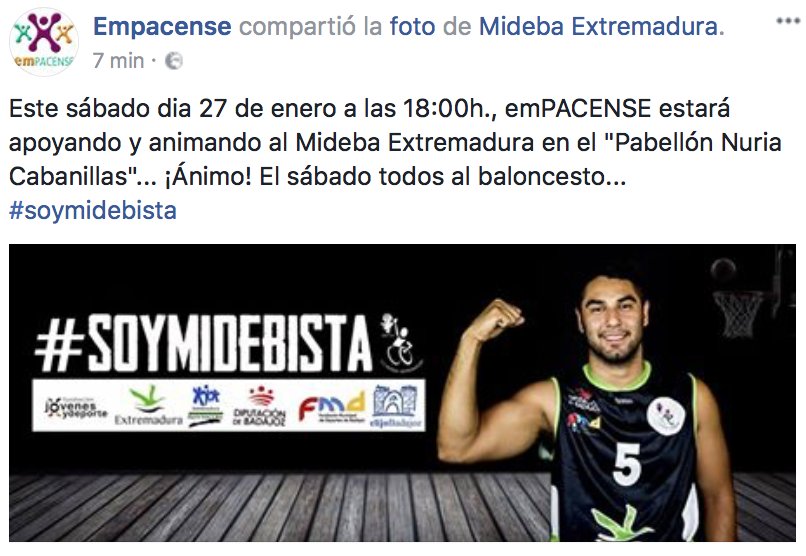 Este sábado dia 27 de enero a las 18:00h., <a href="/empacense/">empacense</a> estará apoyando y animando al Mideba Extremadura en el "Pabellón Nuria Cabanillas"... ¡Ánimo! El sábado todos al baloncesto... <a href="/MidebaExt/">Mideba Extremadura</a> #soymidebista