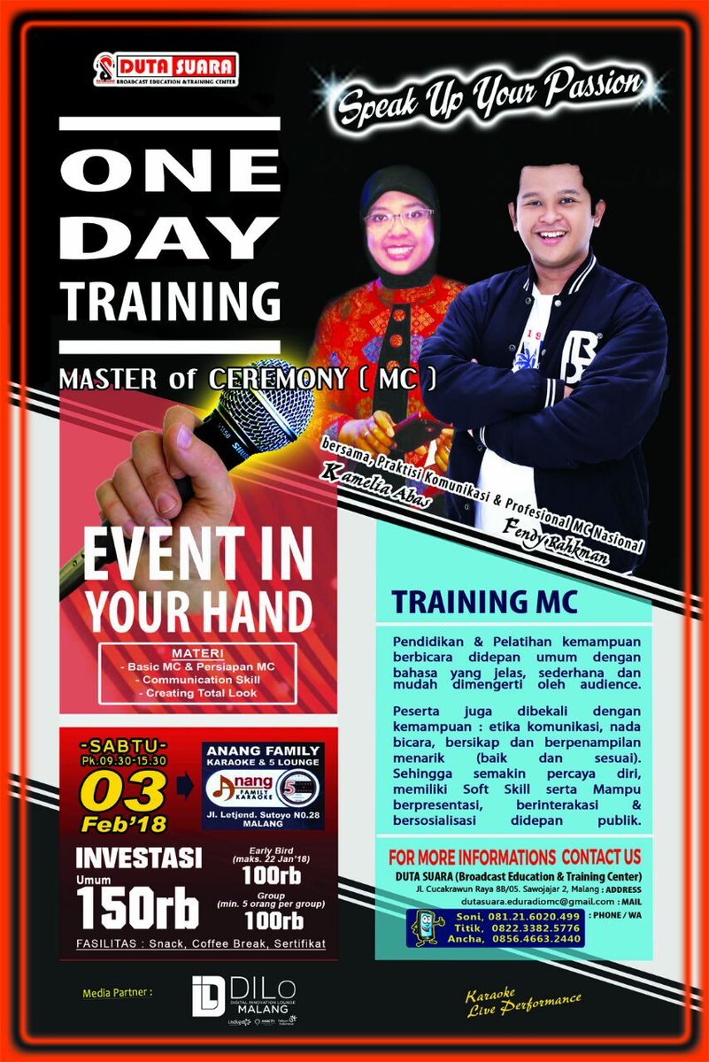 fendyrakhman's tweet image. Halo #Malang 

Mau jadi MC profesional?
 
Yuk ikut #OneDayTraining Master of Ceremony #DutaSuara
Bersama @fendyrakhman &amp;amp; @kamelia_abas 
  
Info &amp;amp; Pendaftaran :

Soni : 08121 6020 499  
Titik : 0822 3382 5776 
Ancha : 0856 4663 2440

cc: @prkmalang @BhigaFM @Simfonifmmalang