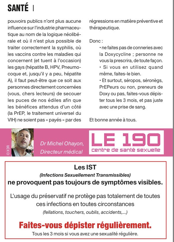 Le190_Paris's tweet photo. Et maintenant la PrEP pour les IST? Le Dr Michel Ohayon, directeur médical du @Le190_Paris lance le débat dans le nouveau numéro de @AgendaQ. #Le190 #PrEP #IST https://t.co/fVMe0lBEom