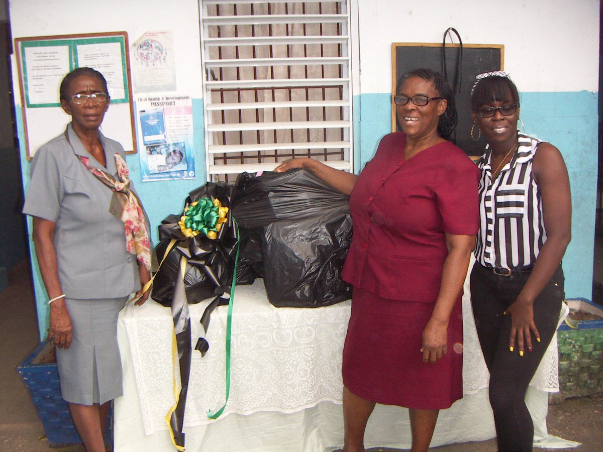 Meanwhile...at Sandhurst Early Childhood Dev.  Centre, GFF's IT Playmate, Moya McLeod (right) hands over new kitchen equipment to Principal Merlene Reid (L) and a happy school cook (Keziah Earle, right)) looking on! January 23, 2018

#NutritionTraining #GoreFamilyFoundation