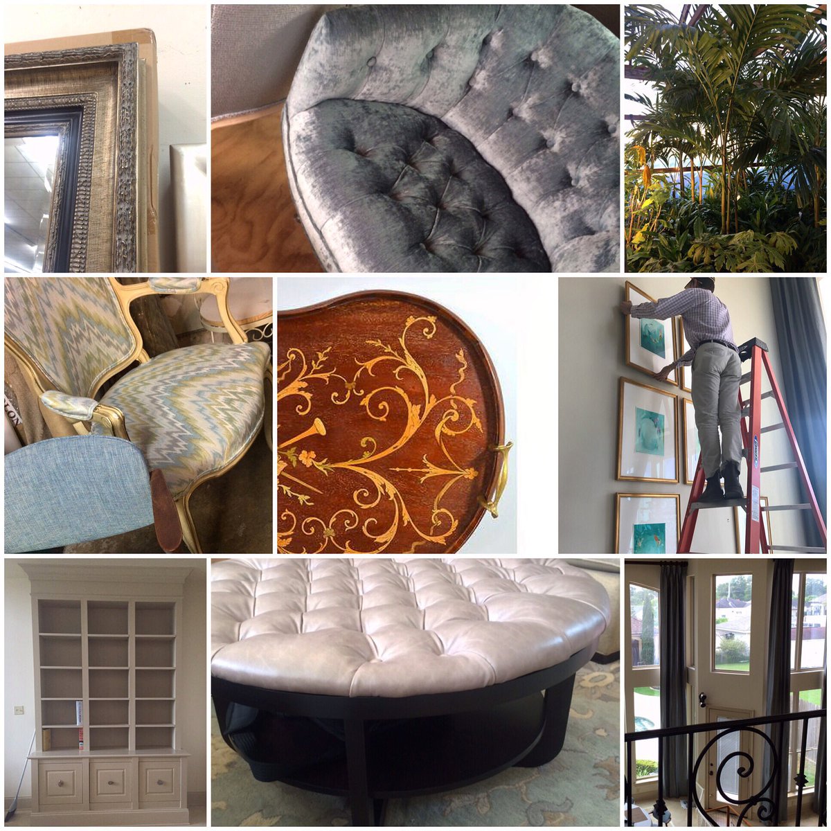 abuelapeaz's tweet photo. Today’s #tbt some #details from a #project (hopefully) wrapping up soon...SO looking forward to some descent photos!! #interiordesign #designdetails #diningchair #ottoman #art #drapes #leather #palmtree #mirror #tray #flamestitch #cabinetry #bookcase #custom #zanslerinteriors https://t.co/FsIibxqnAH