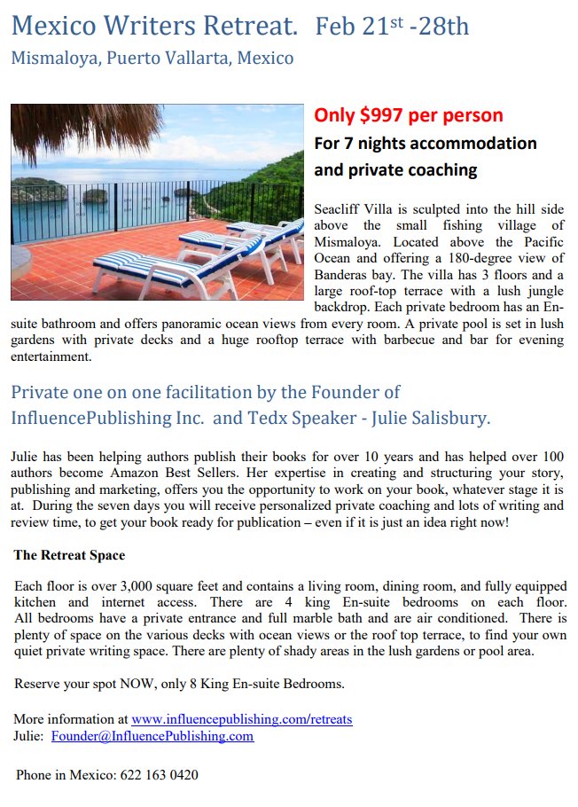 InfluencePub's tweet image. NEW #Writer #Retreat Feb. 21-28 in #PuertoVallarta #Mexico.  Accomodations plus 1 on 1 coaching by Julie Salisbury founder of @InfluencePub &amp;amp; @InspireABook . $997 (airfare/food not included). Register today. Make 2018 be the year you realize your dream to become an author