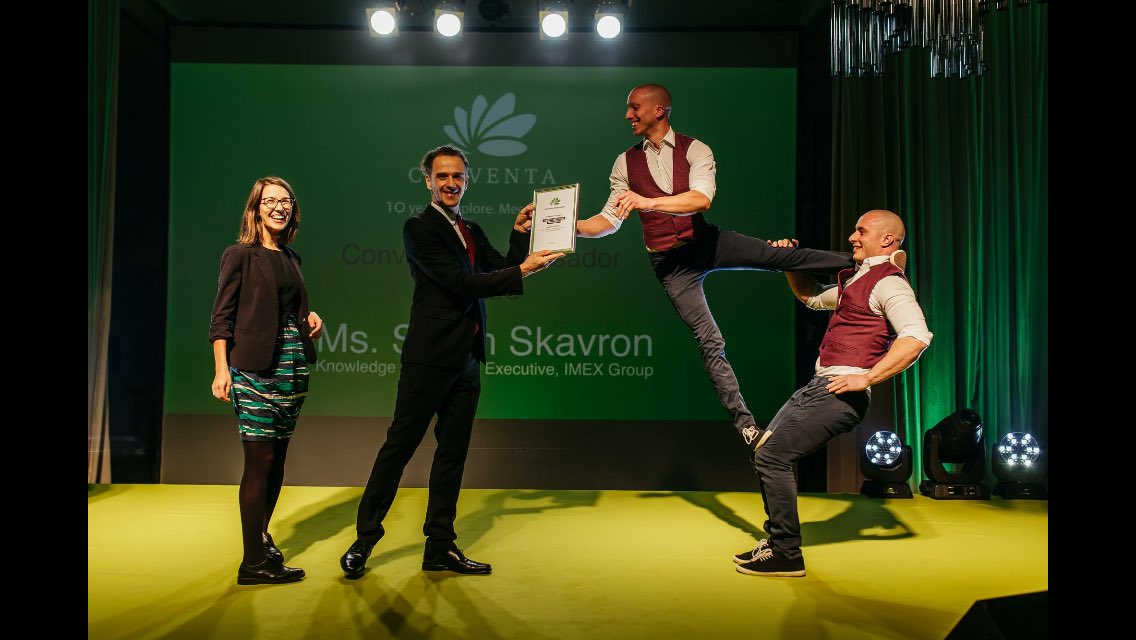 IMEXSarah's tweet photo. Leaving #Conventa2018 with lots of new memories and positive energy! Thank you @Conventa2018 team for your trust, collaboration and handing out an award in such a spectecular way #wow #powertothemeetings https://t.co/ZGGPNMbJGK