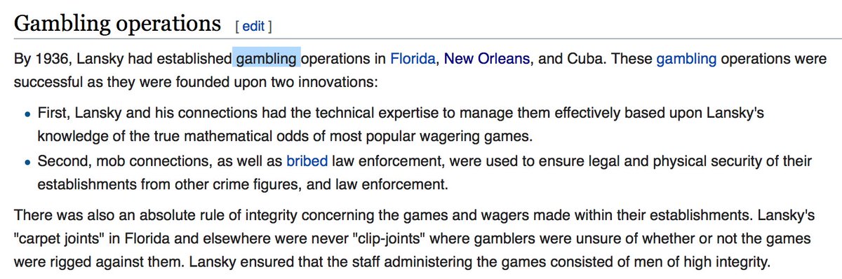 2. With Luciano in place, Lansky went for gold. Gambling."Carpet Joints"  Casinos. The enterprise that cemented his billions. Legit profits aside, every leg of today's global laundromat can be traced back 2 Lansky's ops: the shell companies & banks that washed his skim.